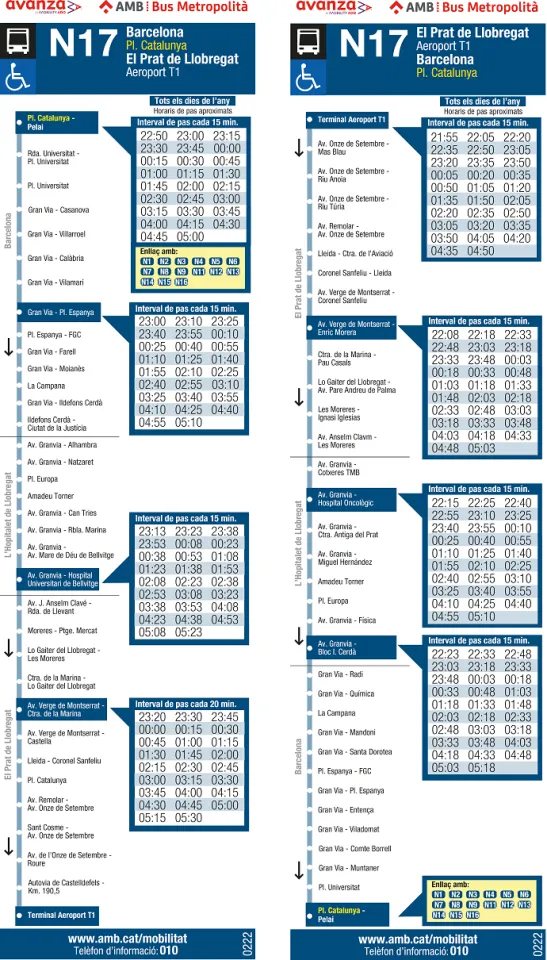 A partir de dissabte 19 de febrer de 2022 nous horaris de sortida des de l'aeroport T1&nbsp;per a la l&iacute;nia N17. De&nbsp;22:05 a 04:50 un bus cada 15 minuts, passant a ser les sortides als minuts :05 -&nbsp;:20 -:35 i :50 de cada hora. Tal i com s'indica als seg&uuml;ents horaris: &nbsp; &nbsp;