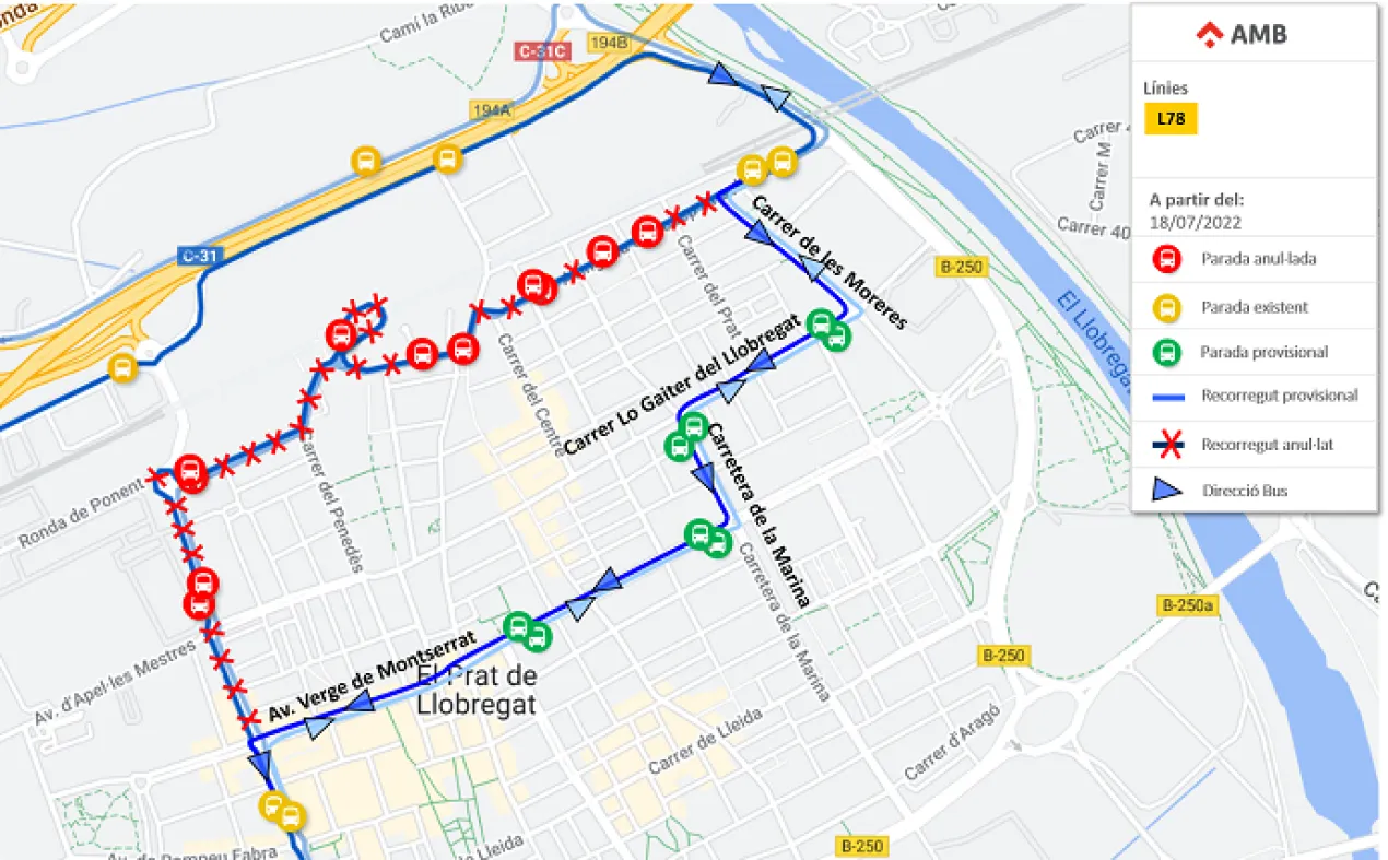 A partir de dilluns 18 de juliol de 2022 des de les 10:00 hores i fins a nou avís, es modifica el recorregut habitual a la plaça de la Vila del Prat de Llobregat amb l'anul·lació provisional de les parades afectades. Parades alternatives: - 003490 Les Moreres - Ignasi Iglesias - 003489 Lo Gaiter del Llobregat - Av Pare A. - 003488 Ctra La Marina - Pau Casals - 003300 Ctra de la Marina - Lo Gaiter del Llobregat - 001442 Av Verge de Montserrat - Enric Morera - 001015 Av Verge Montserrat - Ctra de la Marina - 001014 Av Verge de Montserrat - Coronel Sanfeliu - 001016 Av Verge Montserrat - Castella La línia serà desviada tal i com s'indica en el plànol següent: 