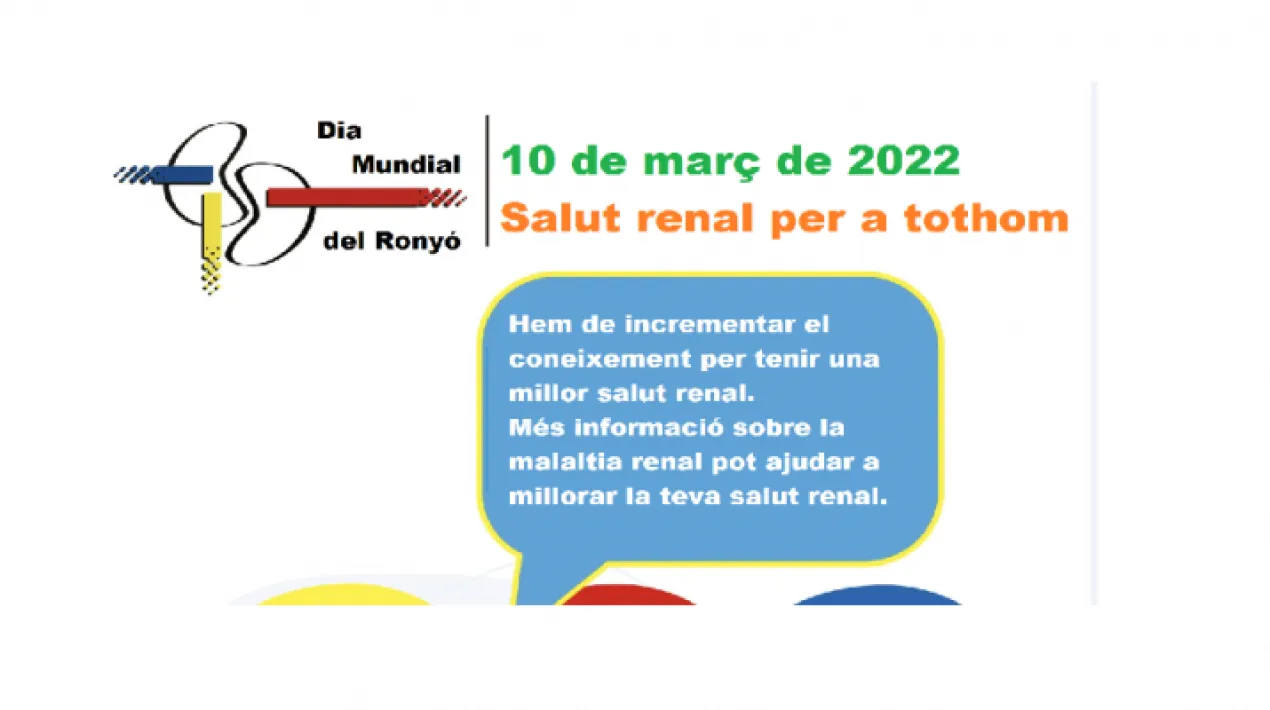 Aquest any la campanya gira entorn al lema Salut renal per a tohom.&nbsp;El Dia Mundial del Rony&oacute; &eacute;s una campanya que gira al voltant de la prevenci&oacute; i la detecci&oacute; preco&ccedil; de la malaltia renal cr&ograve;nica per tal de intentar frenar l&rsquo;aven&ccedil; de la malaltia que no deixa de cr&eacute;ixer en la darrera d&eacute;cada i afecta actualment a un 10-15% de la poblaci&oacute;. La prevenci&oacute; &eacute;s un element fonamental en qualsevol pol&iacute;tica de salut que es porti a terme i les administracions necessiten la col&middot;laboraci&oacute; responsable de la ciutadania especialment mitjan&ccedil;ant uns estils de vida saludables. De fet, al dia necessitem nom&eacute;s 400 mg de fosfats i en una dieta occidental arribem a consumir fins a 3 grams. Per tal de donar informaci&oacute; sobre la malaltia renal cr&ograve;nica i el seu tractament, aix&iacute; com tamb&eacute; sobre la donaci&oacute; d&rsquo;&ograve;rgans hi haur&agrave; una carpa informativa el dijous 10&nbsp;de mar&ccedil; al mercat de Sant Cosme del Prat de Llobregat en horari de 10 a 13&nbsp;hores. CONSELLS PER MANTENIR EN BON ESTAT ELS &nbsp;RONYONS Mantenir-se en forma, en actiu. Seguir una dieta saludable. Comprovar i controlar el nivell de glucosa en sang Comprovar i controlar la tensi&oacute; arterial Mantenir una ingesta de l&iacute;quids adequada No fumar No automedicar-se,&nbsp;ni prendre antiinflamatoris ni analg&egrave;sics regularment, sense recepta Comprovar la funci&oacute; renal si tenim un o m&eacute;s factors de &ldquo;risc&rdquo;, per exemple, si tenim diabetis, hipertensi&oacute; o obesitat. &nbsp;Veure m&eacute;s