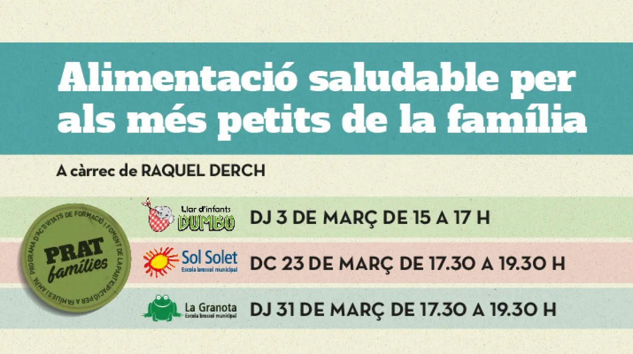 A c&agrave;rrec de RAQUEL DERCH, dietista-nutricionista i educadora Descobreix com poder portar una alimentaci&oacute; saludable en fam&iacute;lia sense haver de cuinar diferent per a cada membre de la unitat familiar. Desmitificarem tamb&eacute; alguns mites entorn l&rsquo;alimentaci&oacute; infantil, aprendrem sobre les particularitats en aquest etapa i donarem resposta a algunes problem&agrave;tiques habituals. BLW, BLISS, triturats o mixta: qu&egrave; s&oacute;n, difer&egrave;ncies i semblances, quin escollir? I per a que puguis portar la teoria a la pr&agrave;ctica, veurem exemples pr&agrave;ctics de men&uacute;s,&nbsp;esmorzars i berenar saludables per a que els pugueu incorporar al vostre dia a dia. &nbsp; La inscripci&oacute; es realitza a les mateixes escoles bressol.Veure m&eacute;s
