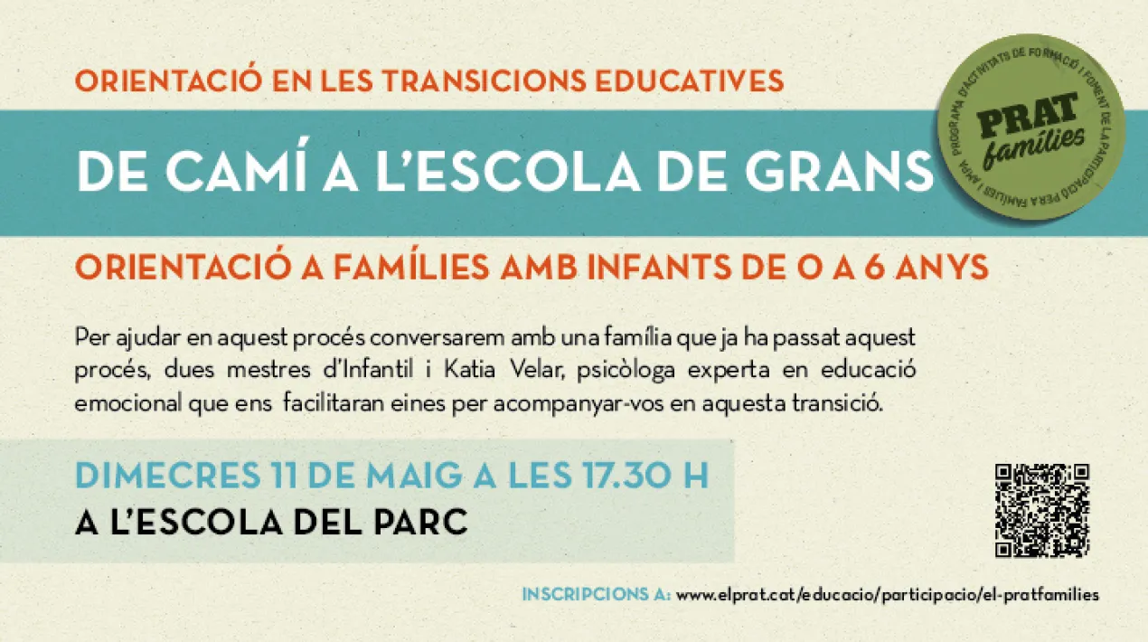 La sessió té l’objectiu d’ajudar a les famílies en els dubtes i inquietuds que provoca el canvi d’etapa o l’entrada per primer cop a l’escola tant als infants com a elles mateixes i servirà per plantejar de manera conjunta la resposta a diverses qüestions: Què pot suposar per al meu fill/a el canvi que comporta l’escola ? Quins sentiments i emocions es posen en joc davant la nova etapa?  Quines dificultats hauran d’afrontar famílies i ifants i quines estratègies faciliten l’adaptació a aquest canvi?  Com podem ajudar als nostres infants?  Per ajudar en aquest procés conversarem amb una família que ja ha passat aquest procés, dues mestres d’Infantil de l'escola del Parc i Katia Velar, psicòloga experta en educació emocional, que ens  facilitaran eines per acompanyar-vos en aquesta transició. Inscripció Cal realitzar la inscripció a través del següent linkVeure més