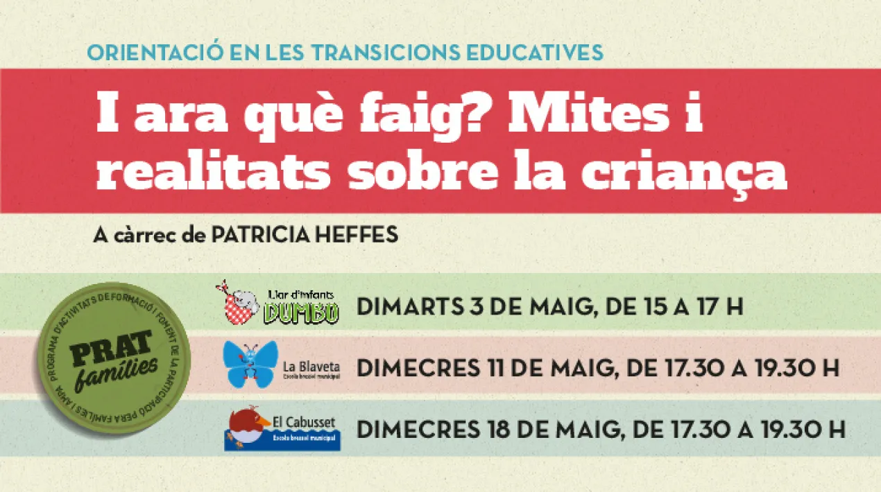 A càrrec de PATRICIA HEFFES, psicòloga clínica i psicoanalista del Centre de Desenvolupament Infantil del Prat Hi ha preguntes sobre la criança que es repeteixen a cada generació malgrat el canvi d'època. A la maternitat/paternitat hi ha moltes d'aquestes preguntes però també hi ha les que sorgeixen a cadascú quan el desig de tenir un fill es converteix en realitat, ja des de l’embaràs. Proposem una trobada amb mares i pares d’infants entre zero i tres anys per abordar algunes qüestions compartides des de la teoria però molt especialment, des de l'experiència.Les solucions pràctiques, les recomanacions, ajuden però moltes vegades no arriben a calmar la inquietud que desperten certes situacions quotidianes. La inscripció es realitza a les mateixes escoles bressol.Veure més