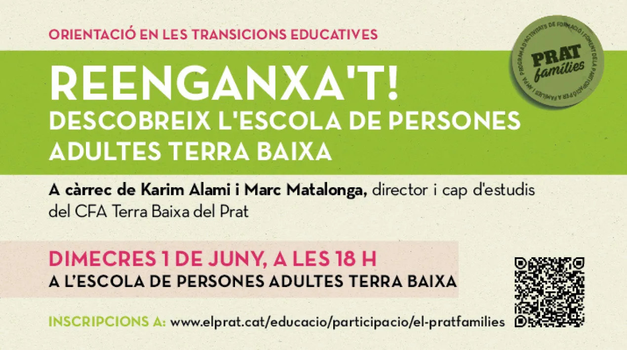 Sessió a càrrec de Karim Alami i Marc Matalonga, director i cap d'estudis del CFA Terra Baixa del Prat  Contingut  Durant la sessió conversarem amb el director del centre i altres membres de la comunitat educativa per conèixer les oportunitats educatives i personals que genera continuar amb els estudis al llarg de l'etapa adulta, el funcionament del centre i del procés de preinscripció i matrícula per al curs 2022-23. Inscripció Cal fer la inscripció a través del següent link  Veure més