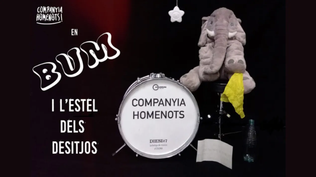 En Bum s’assabenta que el Rei Fosc va tancar injustament l’estel dels desitjos i el vol alliberar. Però no serà fàcil, en Bum i les seves amigues i amics hauran de fer front a un munt de perills i superar la prova del mocador groc, se’n sortiran? Una divertida manera que els nens i les nenes s’introdueixin en el món de la bateria i la percussió. Espectacle familiar per a infants a partir de 4 anys acompanyats d'un sol adult per infant. Activitat amb aforament limitat.Veure més