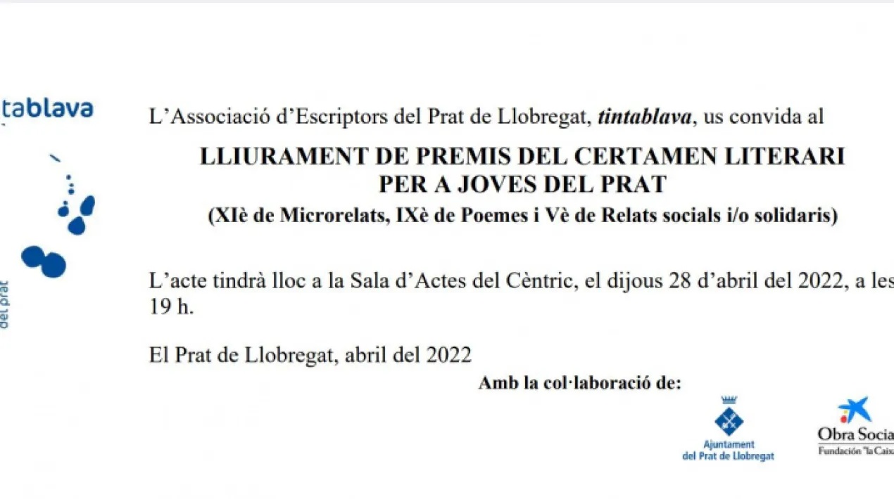 Enguany, s'arriba al XI Premi de Microrelats, IX Premi de Poemes i V Premi de Relats socials i/o solidaris L'acte servirà també perquè els nois i  noies premiats (nou en total) puguin llegir-nos en directe els seus treballs. Aquesta activitat forma part del Cicle Primavera de llibres i lletres Veure més