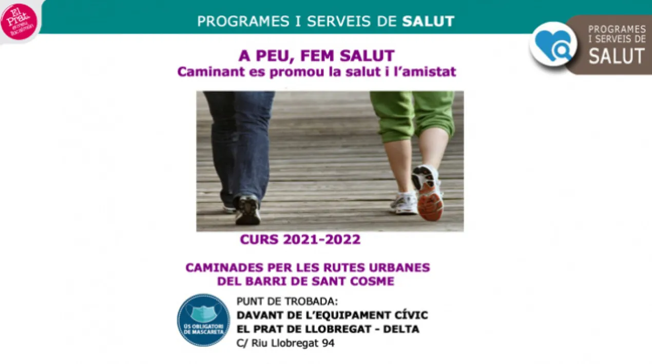 Activitat oberta a tothom que hi vulgui participar. El lloc de trobada per iniciar la caminada serà a les 15:30  davant de l'Equipament Cívic El Prat de Llobregat Delta, carrer Riu Llobregat 94.  És imprescindible l'ús de mascareta durant totat l'acitivitat. En cas de pluja, l'activitat s'anul·larà. Us hi esperem tots els divendres! Per a més informació: 93 379 0050 ex.5900      Veure més